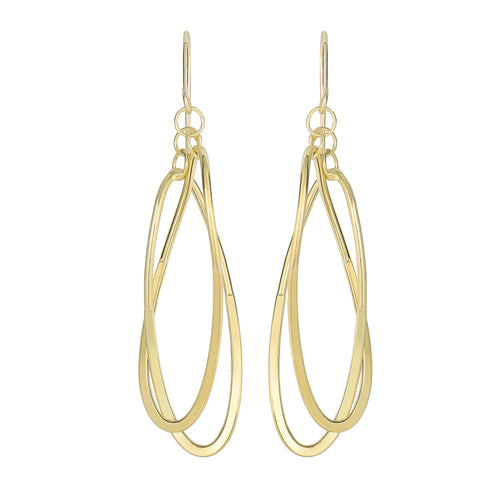 14Kt Yellow Gold 54X13mm Shiny 2 Square Tube Hanging Open Oval Fancy Drop Earring with Euro Wire Clasp