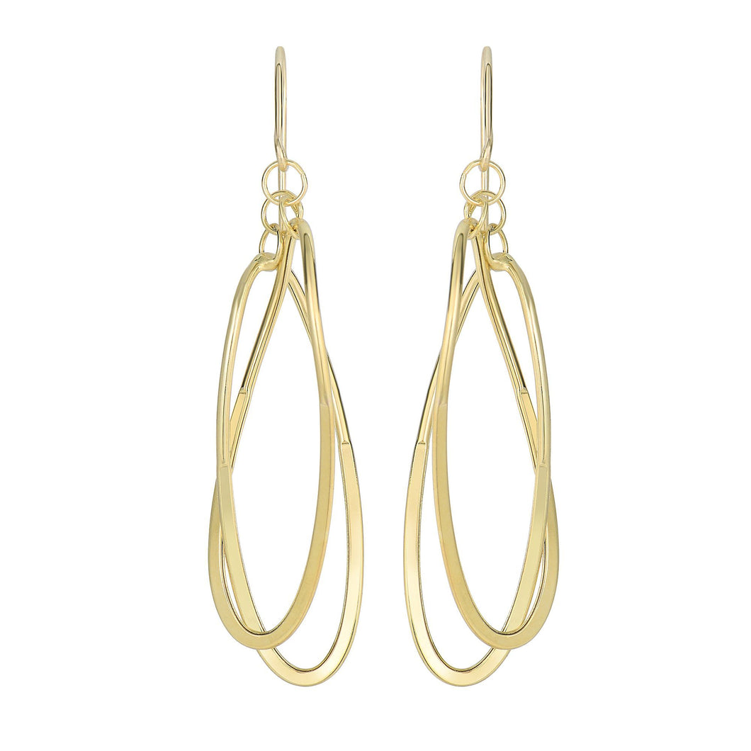 14Kt Yellow Gold 54X13mm Shiny 2 Square Tube Hanging Open Oval Fancy Drop Earring with Euro Wire Clasp