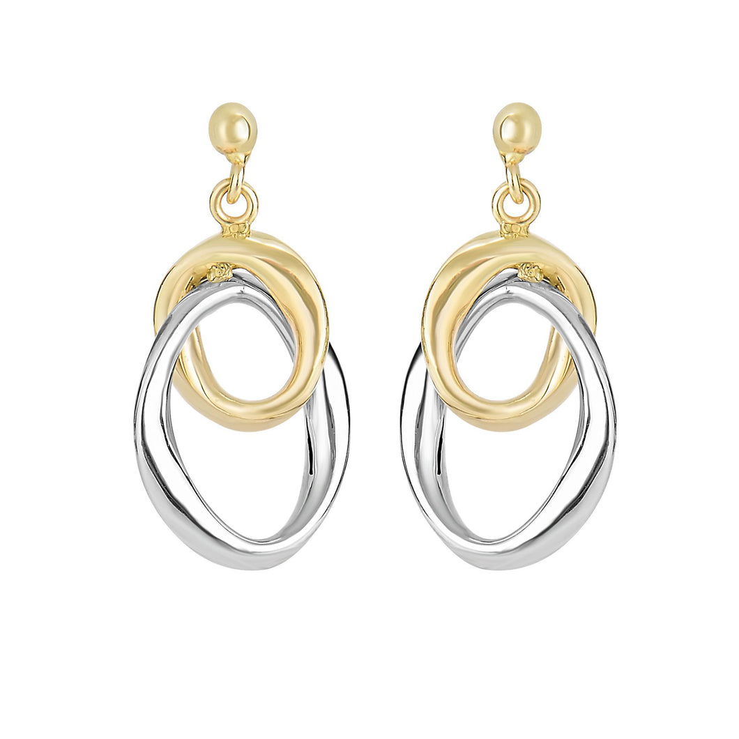 14Kt Yellow+White Gold 26X14.2mm Shiny 2 Graduated Interconnected Open Oval On Ball Post Drop Earring with Push Back Clasp