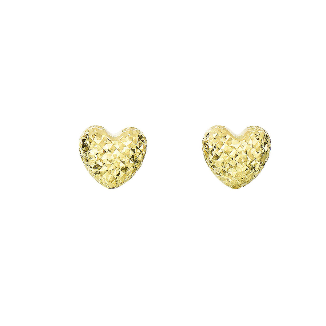 14Kt Yellow Gold Shiny+Diamond Cut 8mm Puff Heart Fancy Post Earring with Push Back Clasp