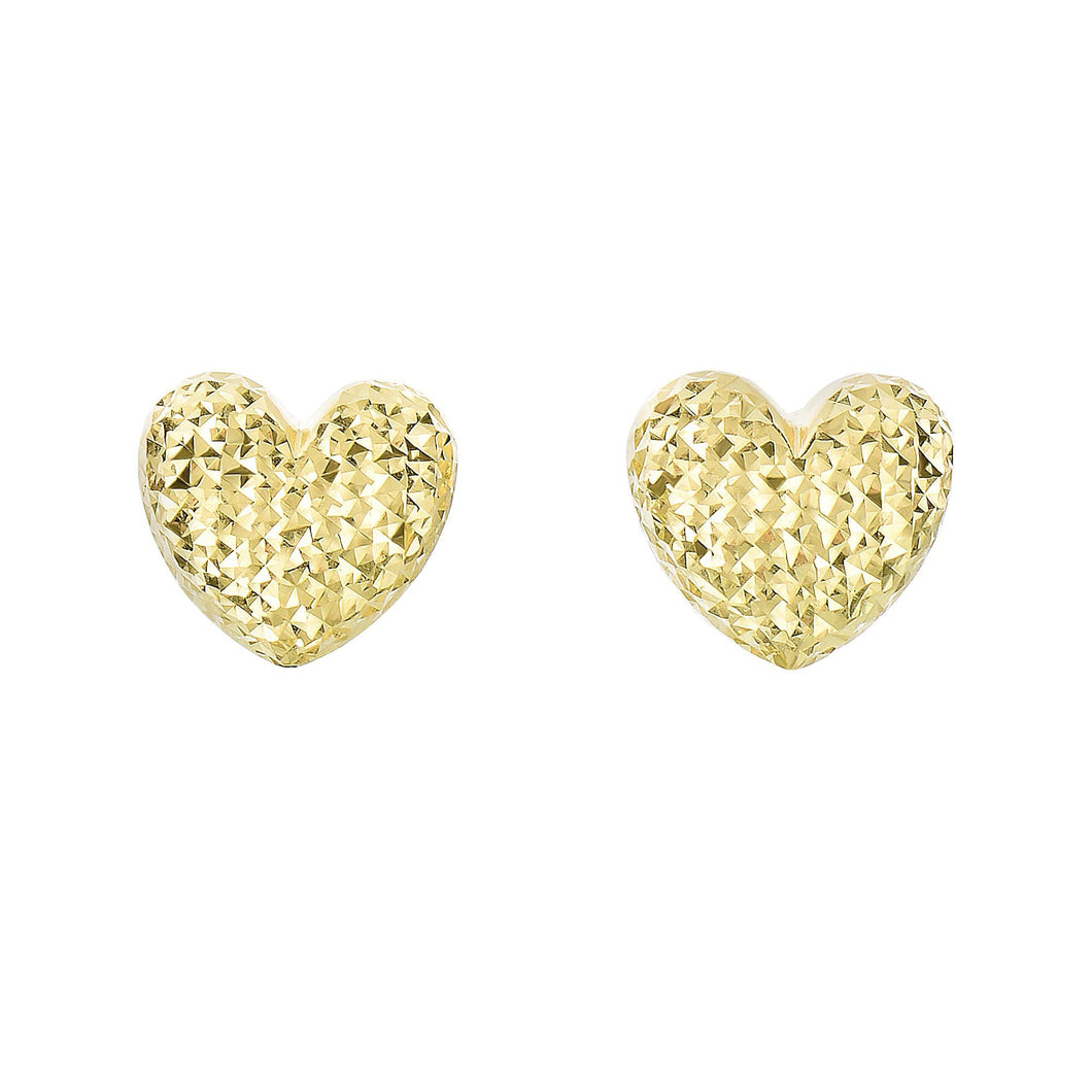 14Kt Yellow Gold Shiny+Diamond Cut 11X10.2mm Puff Heart Fancy Post Earring with Push Back Clasp
