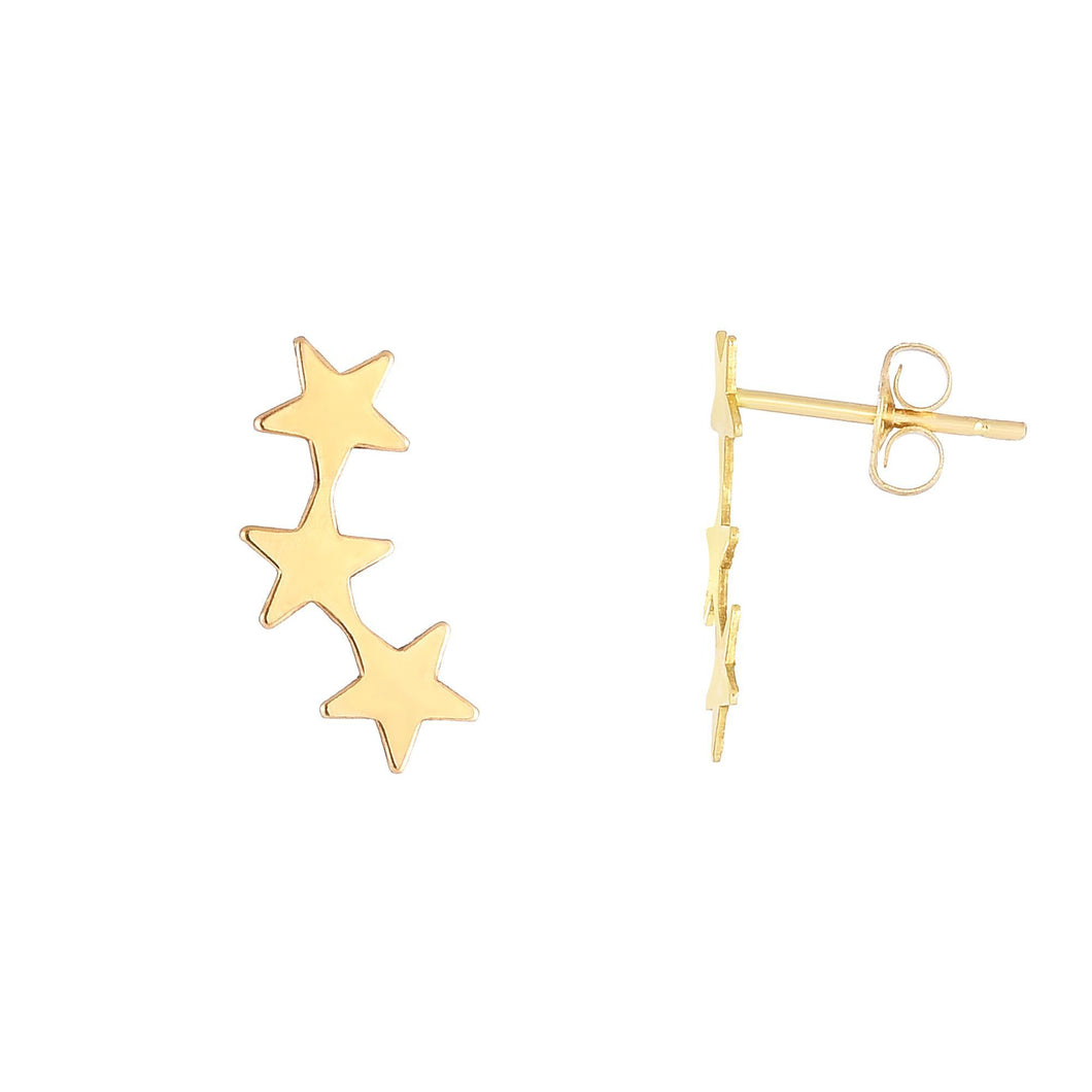 14Kt Yellow Gold 14X6.2mm Shiny 3 Star Stud Earrin G with Push Back Clasp