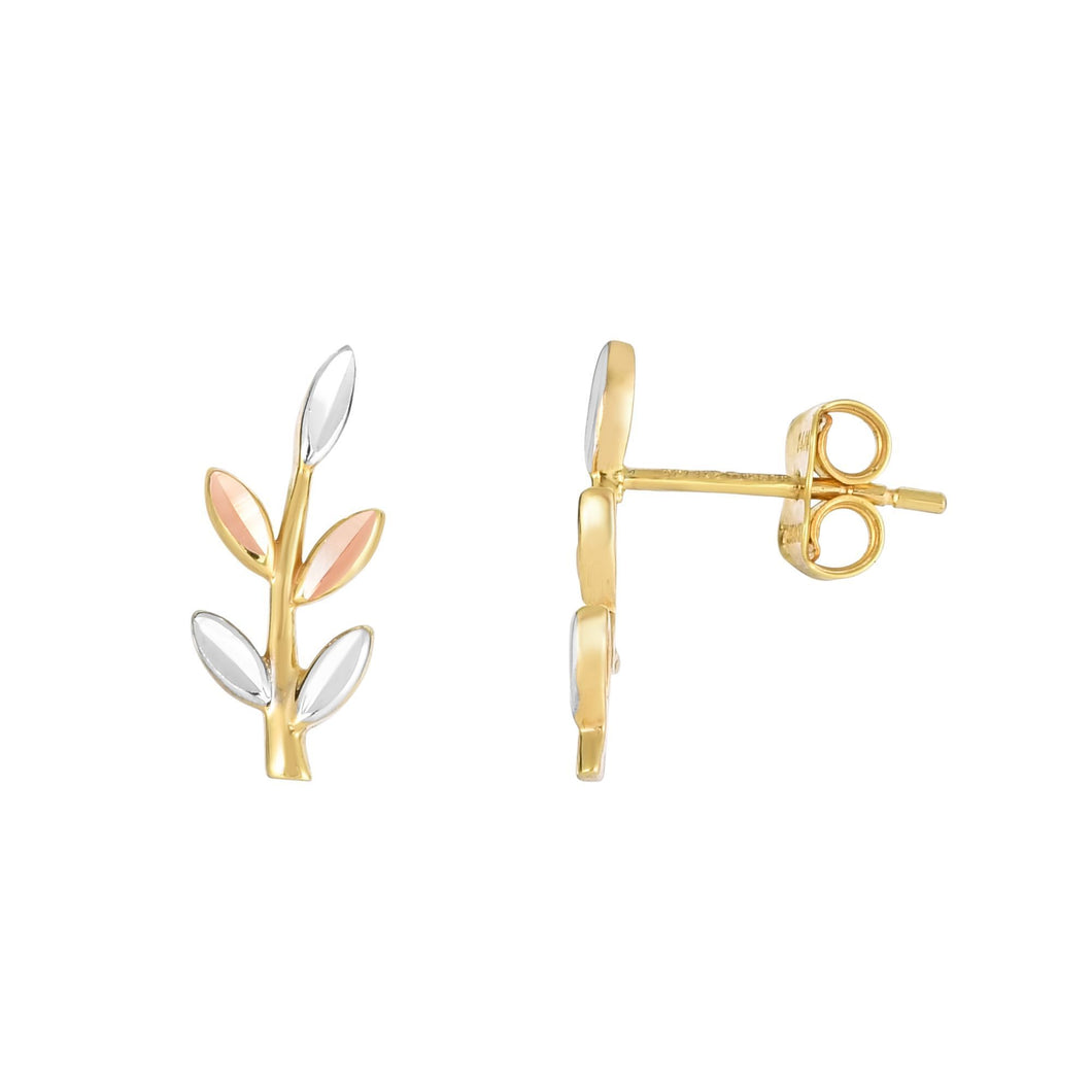 14Kt Yellow+Rose+White Gold 16X6mm Shiny+Diamond C Ut Tri-Color 5 Leaf Ear Climber with Push Back Cl Asp