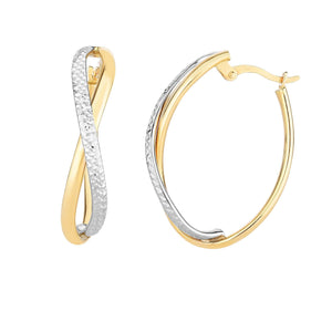 14Kt Yellow+White Gold 25X8X6.5mm Shiny+Diamond Cut Two Tone Infinity Oval Hoop Earring with Hinged Clasp