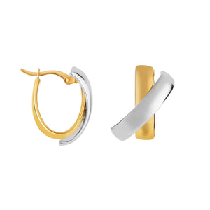 14Kt Yellow+White Gold 17X14X10mm Shiny Two Tone " X" Type Oval Hoop Earring with Hinged Clasp