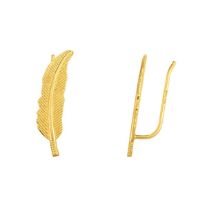 14kt Gold Yellow Finish 6x23mm Shiny+Textured Leaf Ear Climber Earring with Ear Climber Clasp