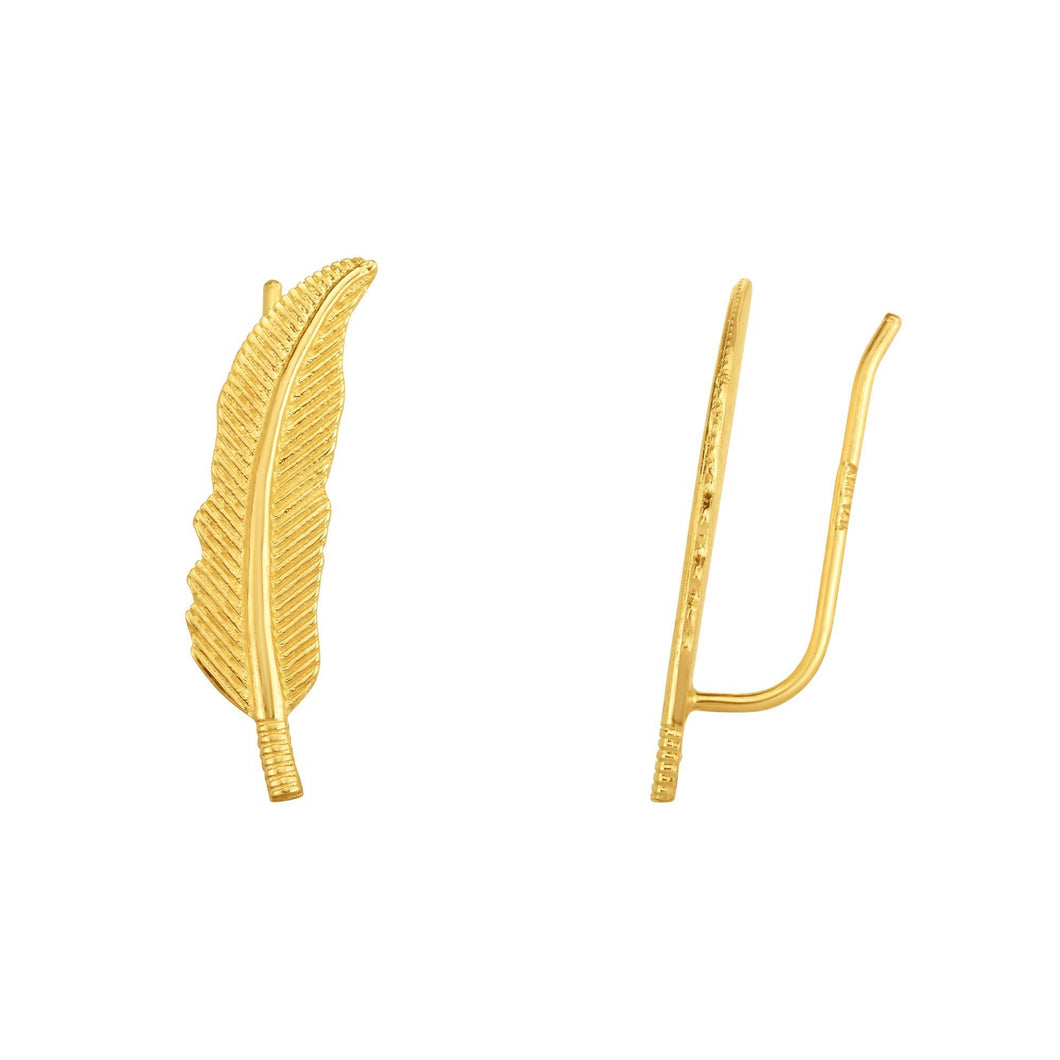 14kt Gold Yellow Finish 6x23mm Shiny+Textured Leaf Ear Climber Earring with Ear Climber Clasp
