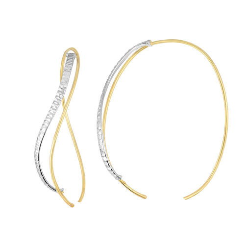 14Kt Yellow+White Gold Shiny+Diamond Cut 41X30X1mm Single Tube Into Double Two Tone Fancy Oval Hoop Type Earring with No Clasp