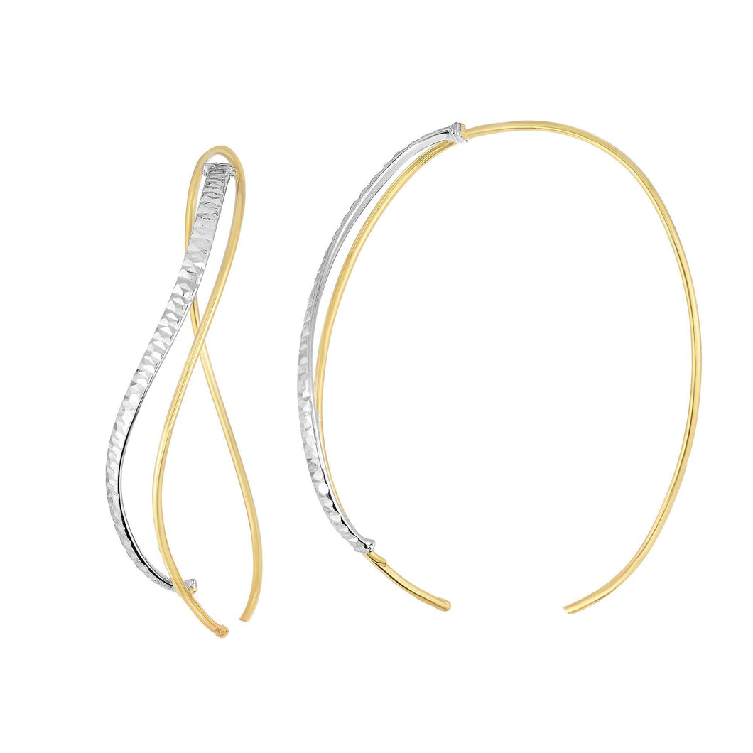 14Kt Yellow+White Gold Shiny+Diamond Cut 41X30X1mm Single Tube Into Double Two Tone Fancy Oval Hoop Type Earring with No Clasp