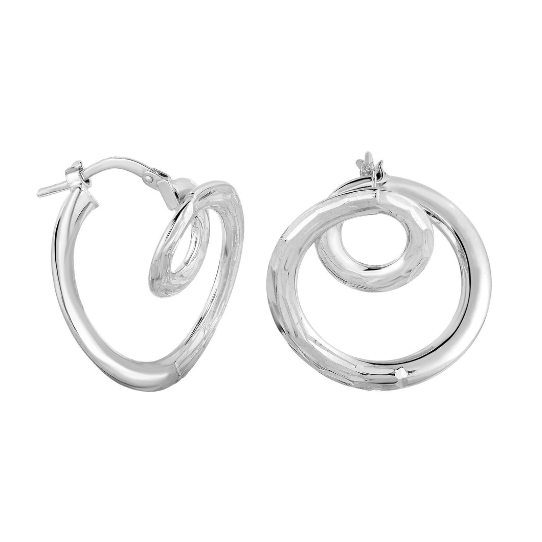 14Kt White Gold Shiny+Diamond Cut 22X1.7mm Fancy Small Circle In Large Circle Tube Hoop Type Earring with Hinge Clasp
