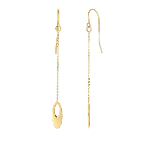 14Kt Yellow Gold Shiny Flat Graduated Oval Bead On Link Drop Earring with Euro Wire Clasp