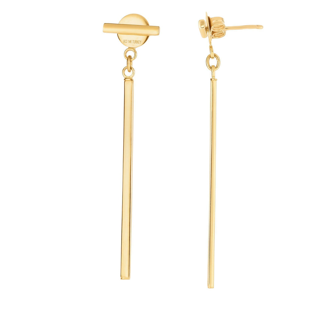 14Kt Yellow Gold Shiny Round Tube Long Bar Drop Earring with Push Back Clasp
