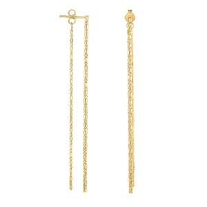 14Kt Yellow Gold Shiny+Diamond Cut 3" Double Stran Ded Drop Earring with Teardrop Element Post+Push Back Clasp