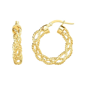 14kt Gold Yellow Finish 4x15mm Shiny+Textured Round Hoop Earring with Hinged Clasp