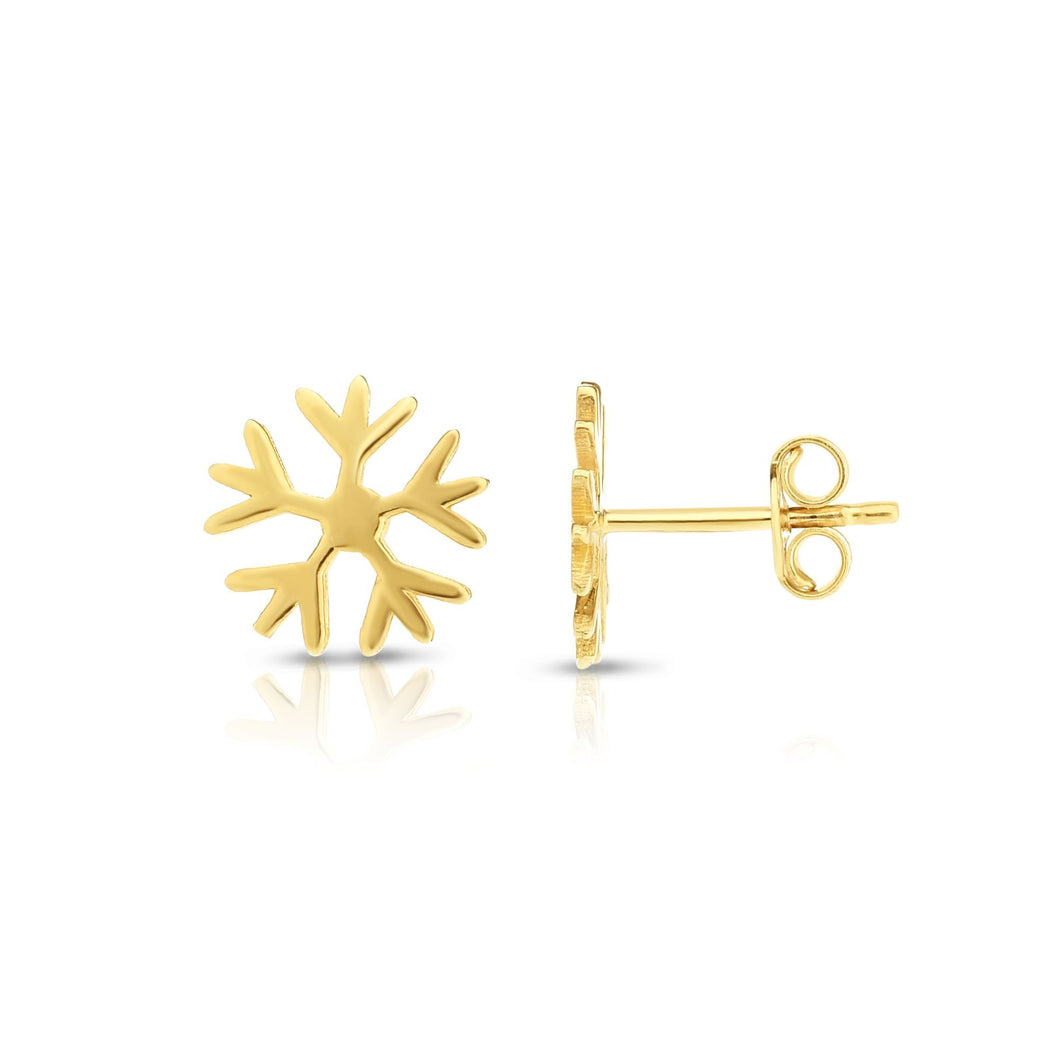 14kt Gold Yellow Finish 11.2mm Shiny Snowflake Post Earring with Push Back Clasp