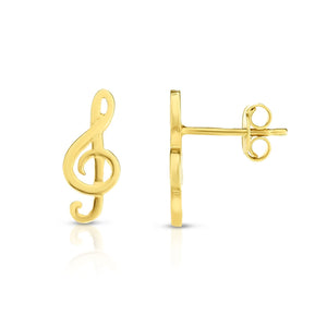 14kt Gold Yellow Finish 6x14mm Shiny Treble Clef Post Earring with Push Back Clasp
