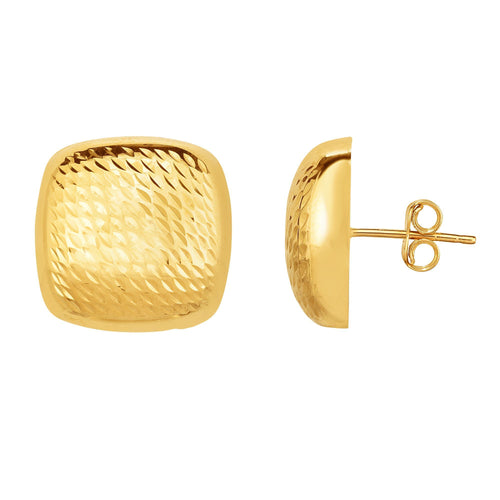 14kt Gold Yellow Finish 16.5mm Shiny+Diamond Cut Square Post Earring with Push Back Clasp