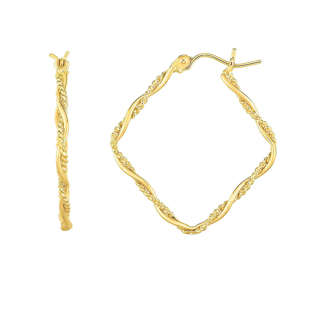 14kt Gold Yellow Finish 2x27x31mm Shiny+Textured Tube Hoop Fancy Earring with Hinged Clasp