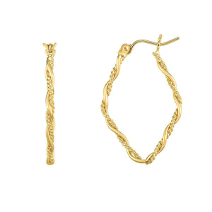 14kt Gold Yellow Finish 2x20x30mm Shiny+Textured Tube Hoop Fancy Earring with Hinged Clasp