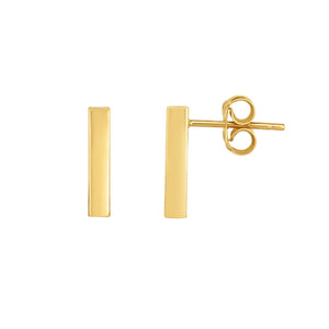 14kt Gold Yellow Finish 3x13mm Shiny Bar Tube Drop Earring with Push Back Clasp