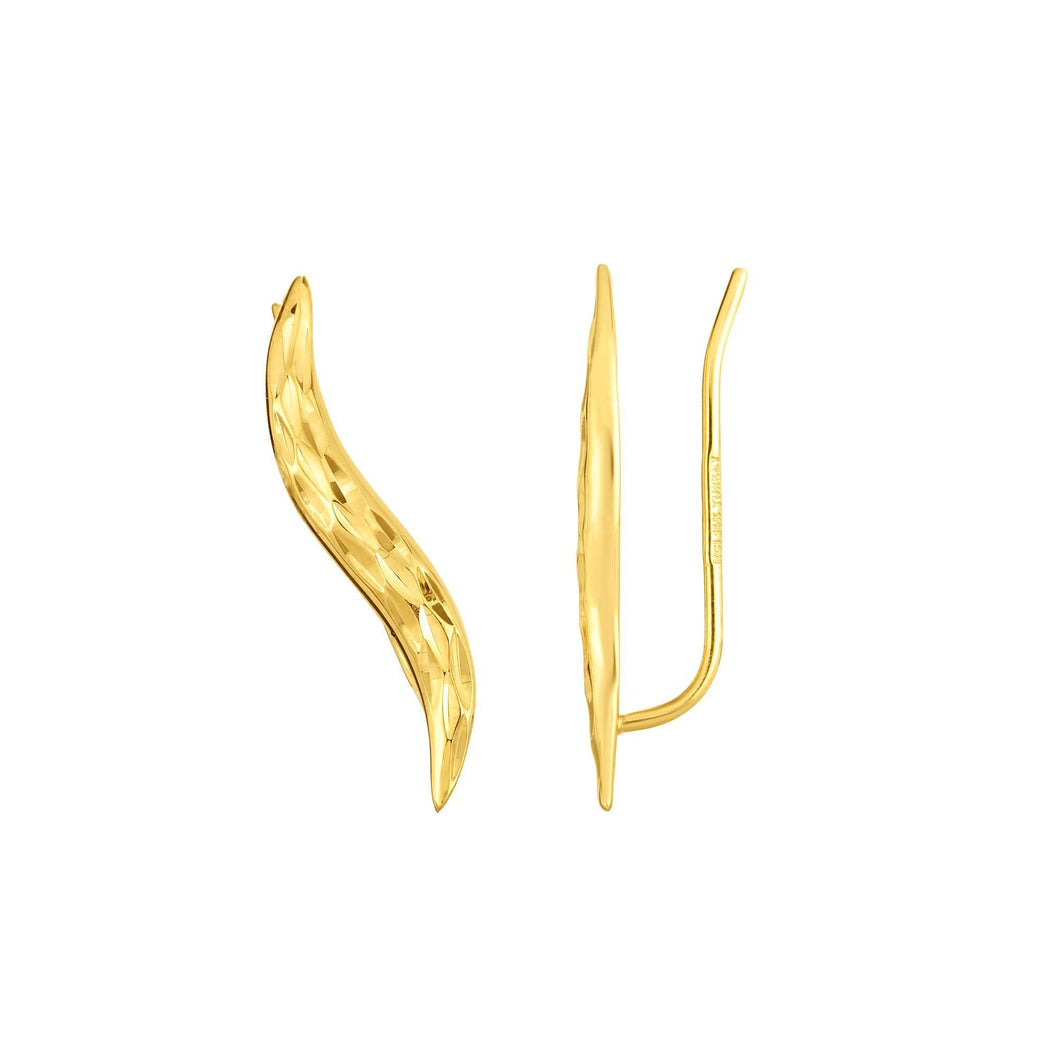 14kt Gold Yellow Finish 3x27mm Diamond Cut Leaf Ear Climber Earring with Ear Climber Clasp