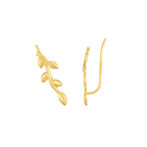 14kt Gold Yellow Finish 6x20mm Shiny Leaf Ear Climber Earring with Ear Climber Clasp