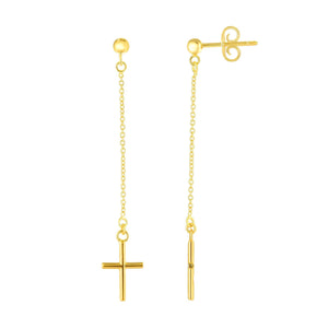 14kt Gold Yellow Finish 50mm Shiny Drop Cross Earring with Push Back Clasp