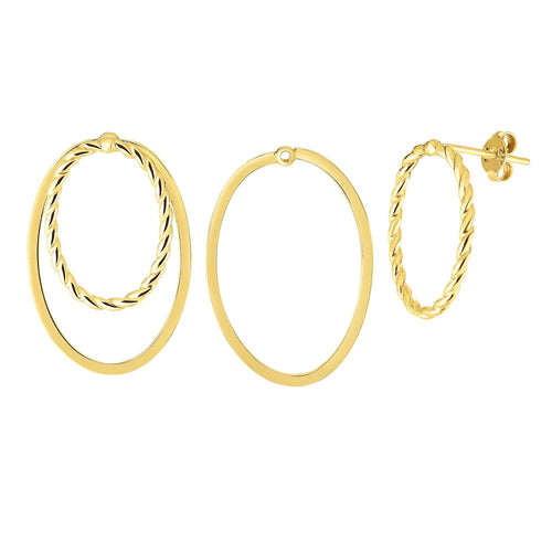 14kt Gold Yellow Finish 19x29mm Shiny+Textured Oval Post Fancy Earring with Push Back Clasp