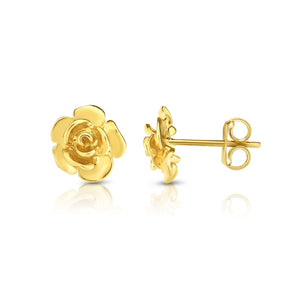 14kt Gold Yellow Finish 9.2mm Shiny Fancy Post Rose Bud Earring with Push Back Clasp