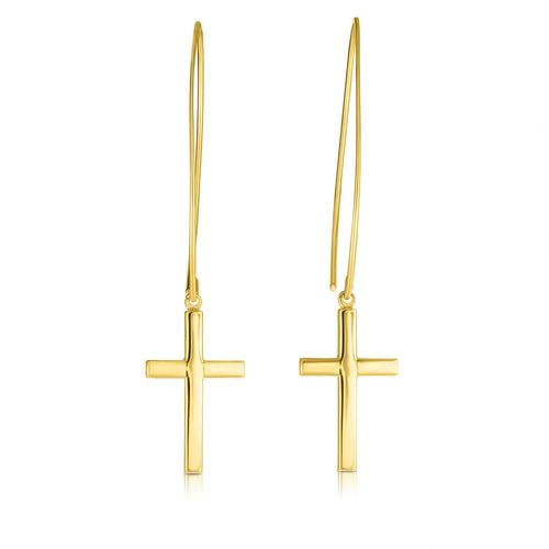 14kt Gold Yellow Finish 10.6x51mm Shiny Square Tube Drop Cross Earring with Euro Wire Clasp