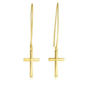 14kt Gold Yellow Finish 10.6x51mm Shiny Square Tube Drop Cross Earring with Euro Wire Clasp