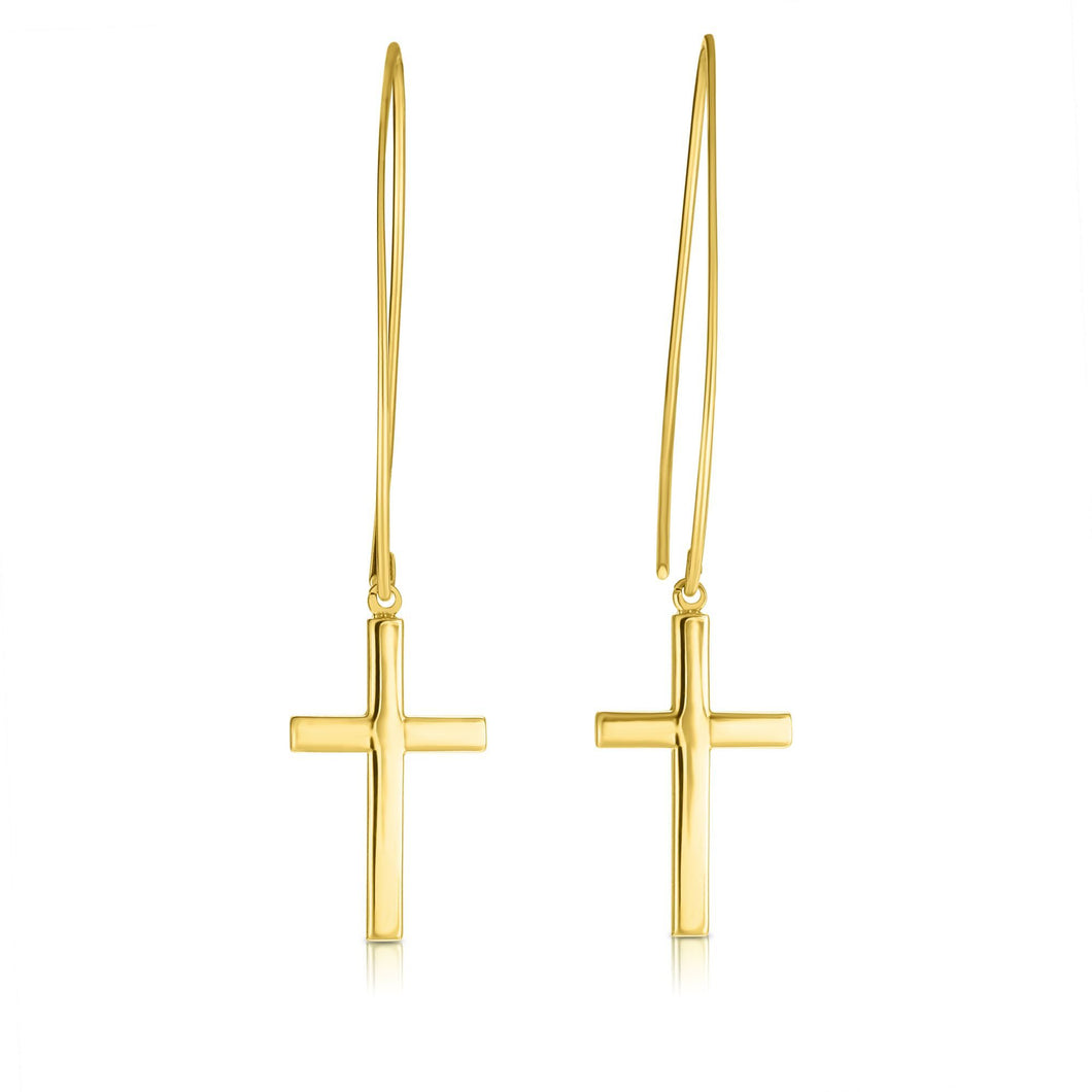 14kt Gold Yellow Finish 10.6x51mm Shiny Square Tube Drop Cross Earring with Euro Wire Clasp