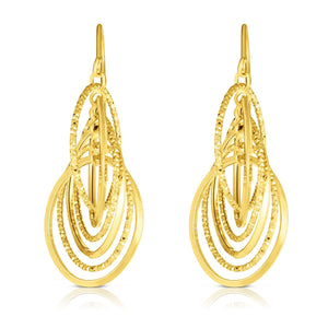 14kt Gold Yellow Finish 15x40mm Shiny+Diamond Cut Oval Link Drop Fancy Earring with Euro Wire Clasp