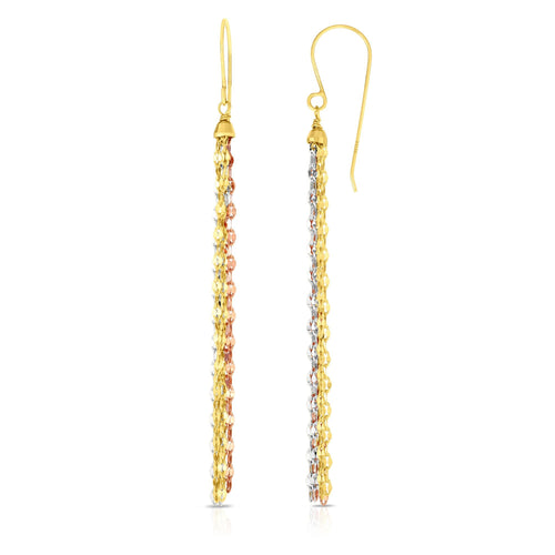 14kt Gold Rose+Yellow+Rhodium Finish 65mm Shiny+Diamond Cut Multi-Strand Drop Earring with Euro Wire Clasp