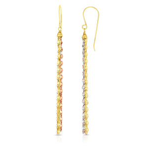 14kt Gold Rose+Yellow+Rhodium Finish 65mm Shiny+Diamond Cut Multi-Strand Drop Earring with Euro Wire Clasp