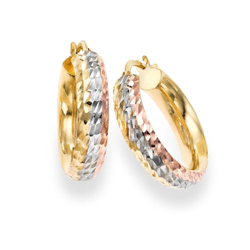 14kt Gold Rose+Yellow+White Finish 5.5x17mm Diamond Cut Round Hoop Fancy Earring with Hinged Clasp