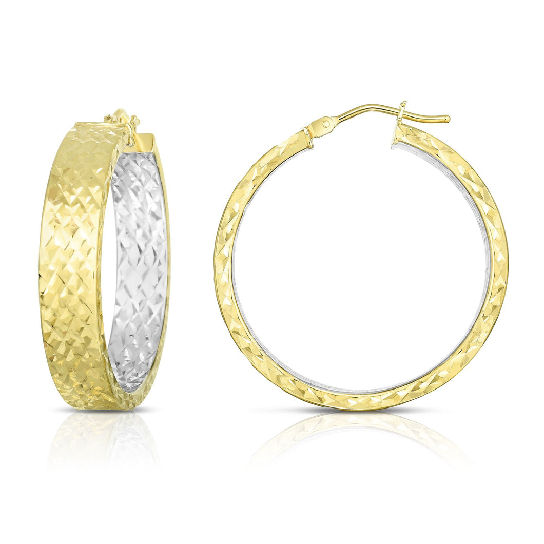 14kt Gold Yellow+White Finish Diamond Cut Earring with Hinged Clasp