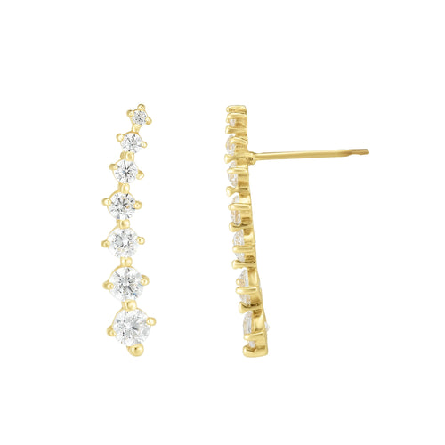 14kt Gold Yellow Finish 18.4x3.6mm Polished Curved Climber Bar Earring with Push Back Clasp with  Round Clear Cubic Zirconia