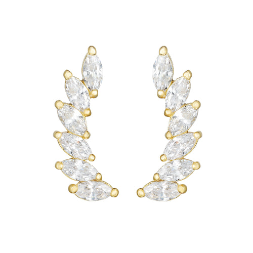14kt Gold Yellow Finish 14.9x4.7mm Polished Curved Climber Leaf Bar Earring with Push Back Clasp with  Marquis Clear Cubic Zirconia