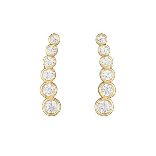 14kt Gold Yellow Finish 11.3x2.6mm Polished Curved Climber Sideways Bar Earring with Push Back Clasp with  Round Clear Cubic Zirconia