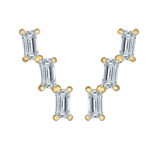 14kt Gold Yellow Finish 12.5x2.5mm Polished Climber Toppling Stack Earring with Push Back Clasp with  Rectangular Clear Cubic Zirconia