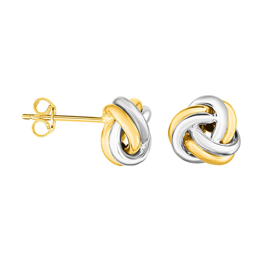 14Kt Yellow+White Gold Shiny 2 Row Round Tube Small Love Knot Earring