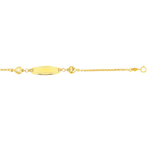 14kt 6" Yellow Gold Shiny Round Cable Link+2 Station Puffed Heart ID Bracelet with Lobster Clasp