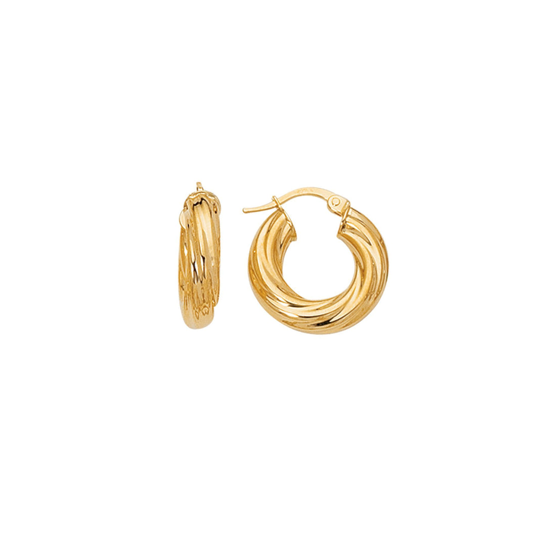 14K Yellow Gold Shiny Small Twisted Hoop Earring with Hinged Clasp