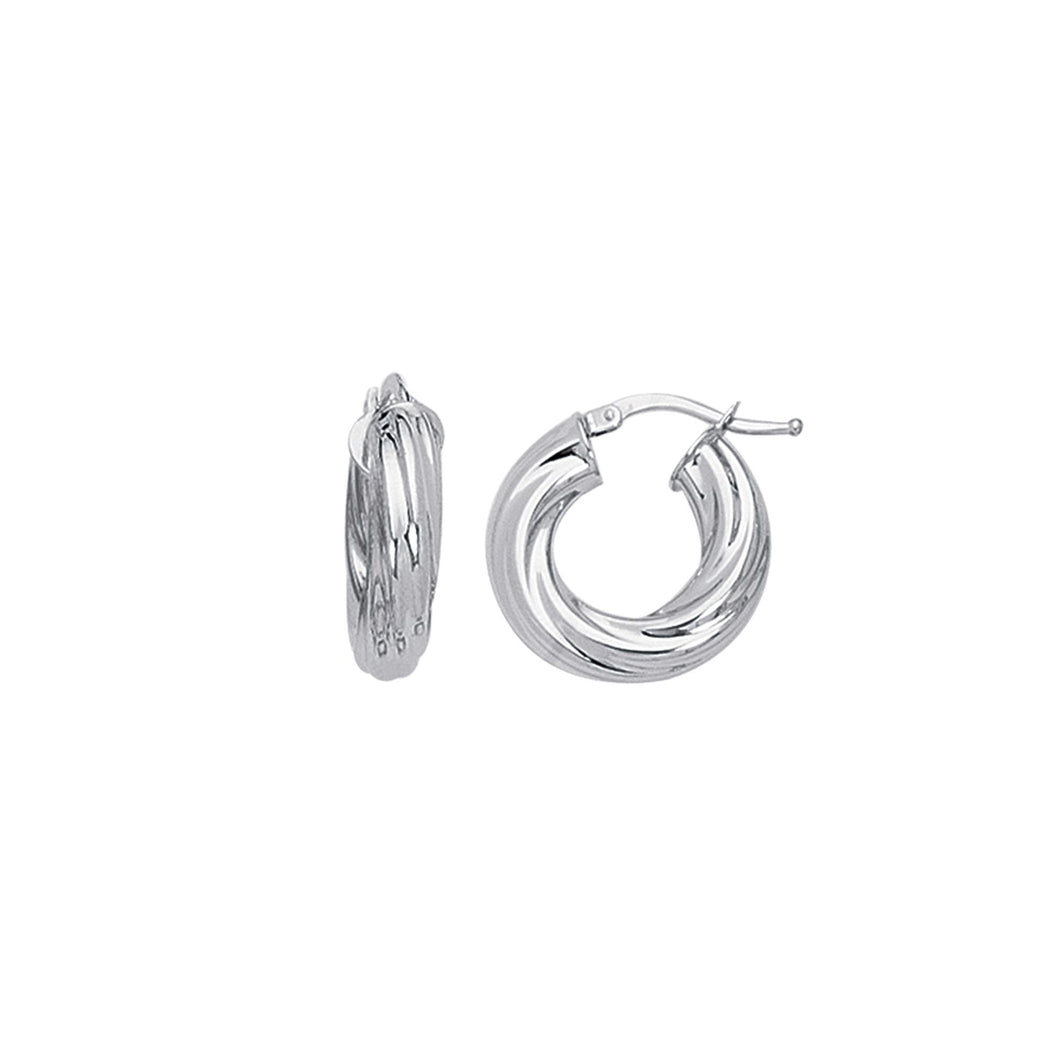14K White Gold Shiny Small Twisted Hoop Earring with Hinged Clasp