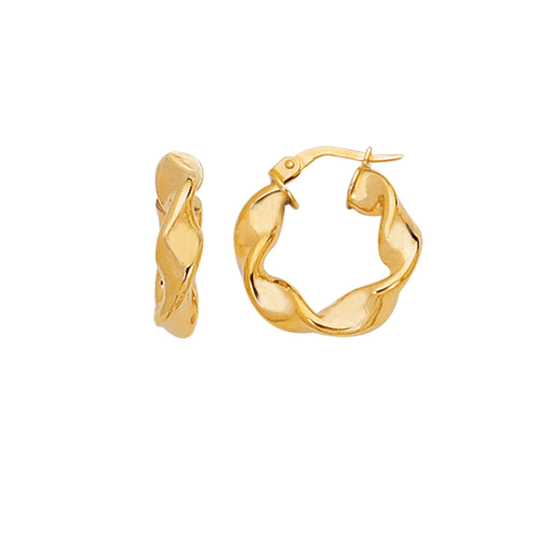14K Yellow Gold Shiny Small Twisted Hoop Earring with Hinged Clasp