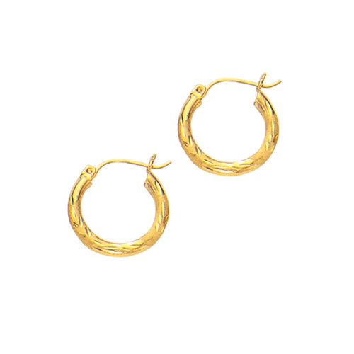 14Kt Yellow Gold 3X15mm Shiny Diamond Cut Round Tube Hoop Earring with Hinged Clasp