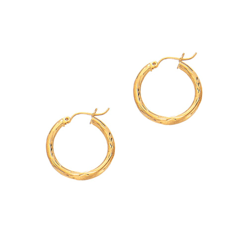 14Kt Yellow Gold 3X20mm Shiny Diamond Cut Round Tube Hoop Earring with Hinged Clasp