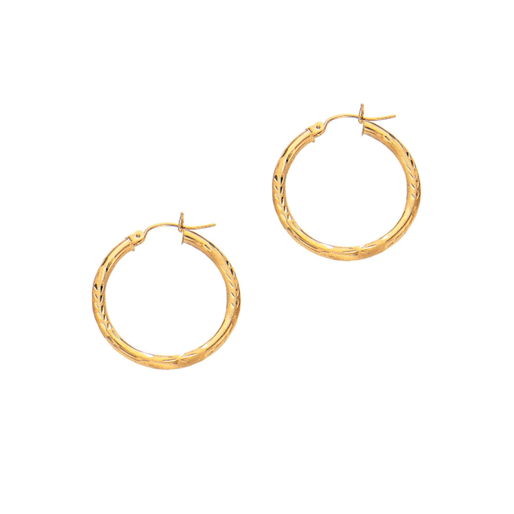 14Kt Yellow Gold 3X25mm Shiny Diamond Cut Round Tube Hoop Earring with Hinged Clasp