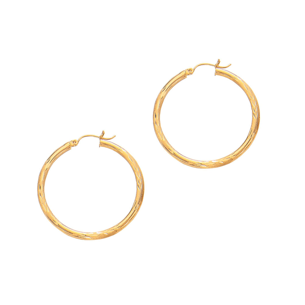 14Kt Yellow Gold 3X35mm Shiny Diamond Cut Round Tube Hoop Earring with Hinged Clasp